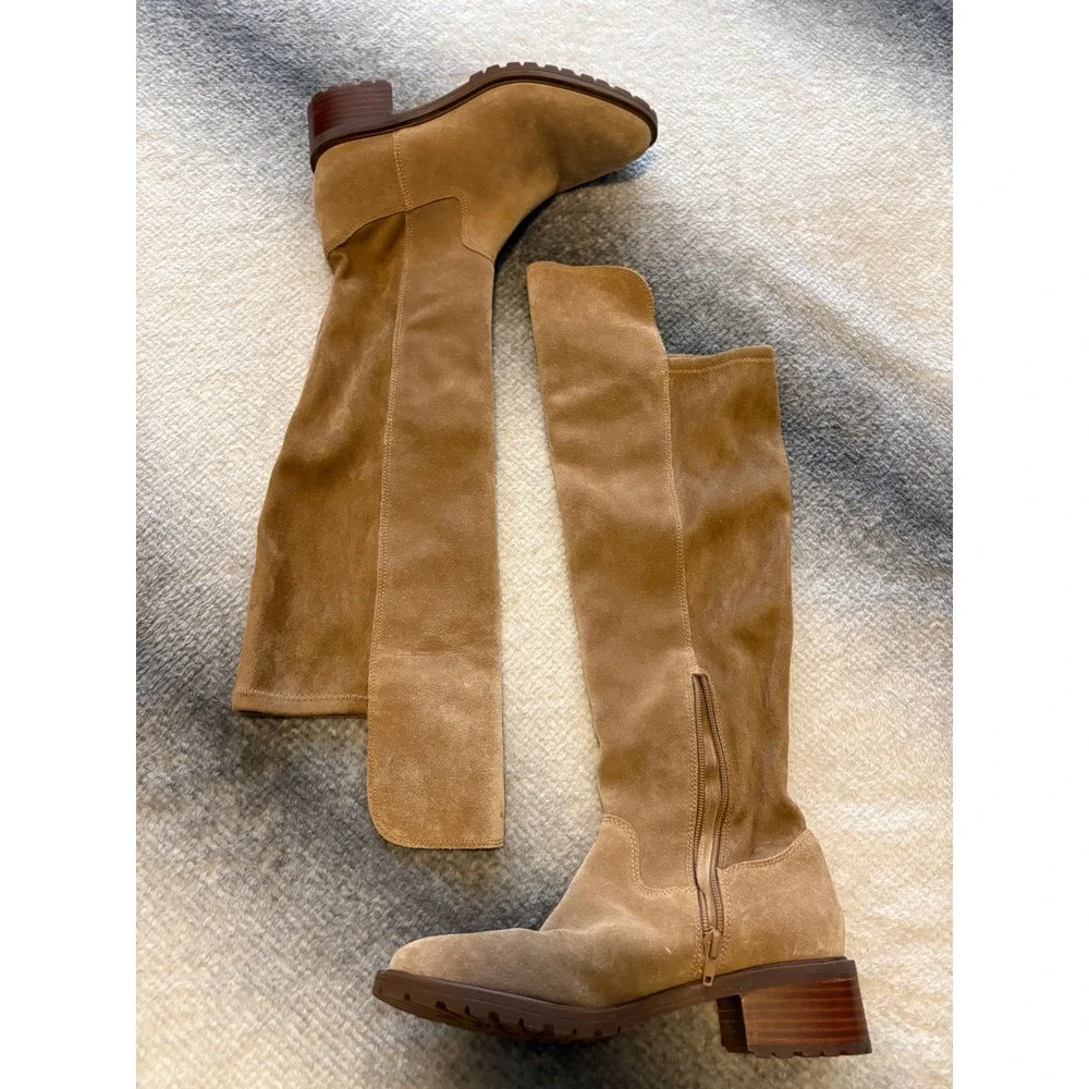 Sole Society Tan Suede Over The Knee Lug Sole Block Heel Boots Womens 7 NWOT